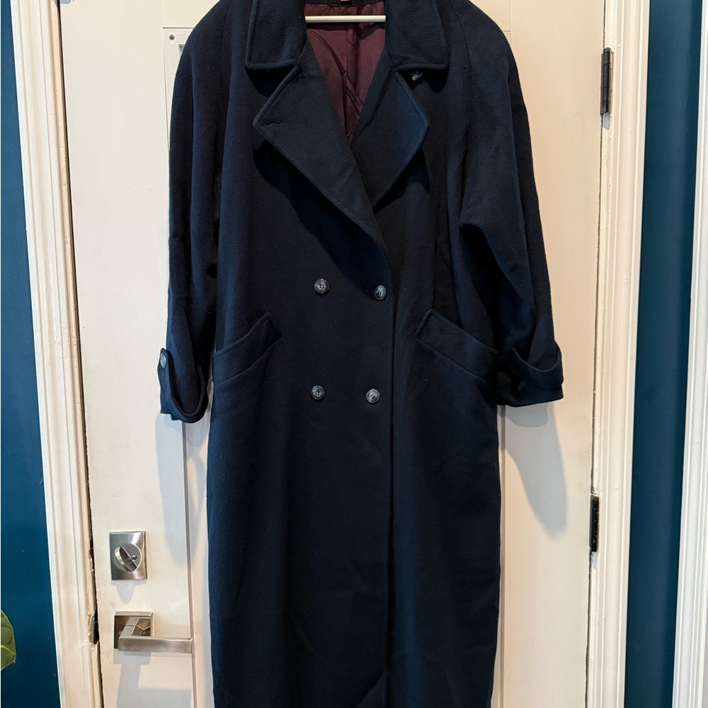 100% Wool Navy Double-Breasted Trench Coat